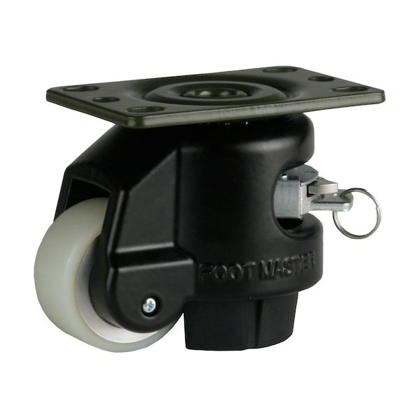 Leveling Caster, 75 Mm Polyurethane Wheel, 4 X 4-1/2 Plate, Swivel, 800 Kg Cap, PU Foot Pad, Black